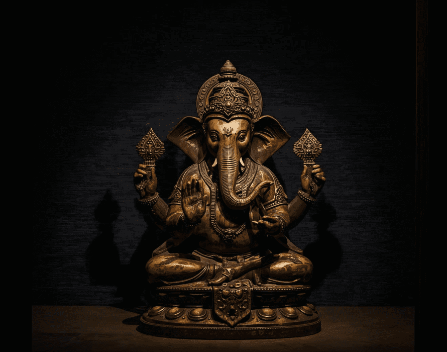 Handcrafted bronze Ganesha idol with intricate detailing displayed under warm lighting – ManiCrafted Bronze Artifacts.
