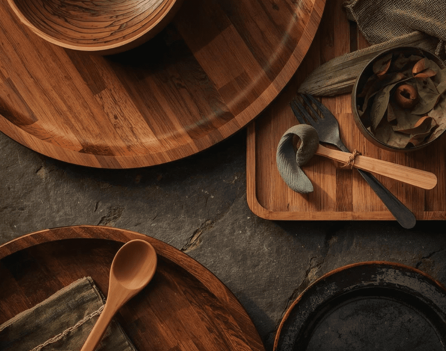 Premium handcrafted kitchenware set including plates, bowls and cutlery on a rustic surface – ManiCrafted Kitchenware Collection.