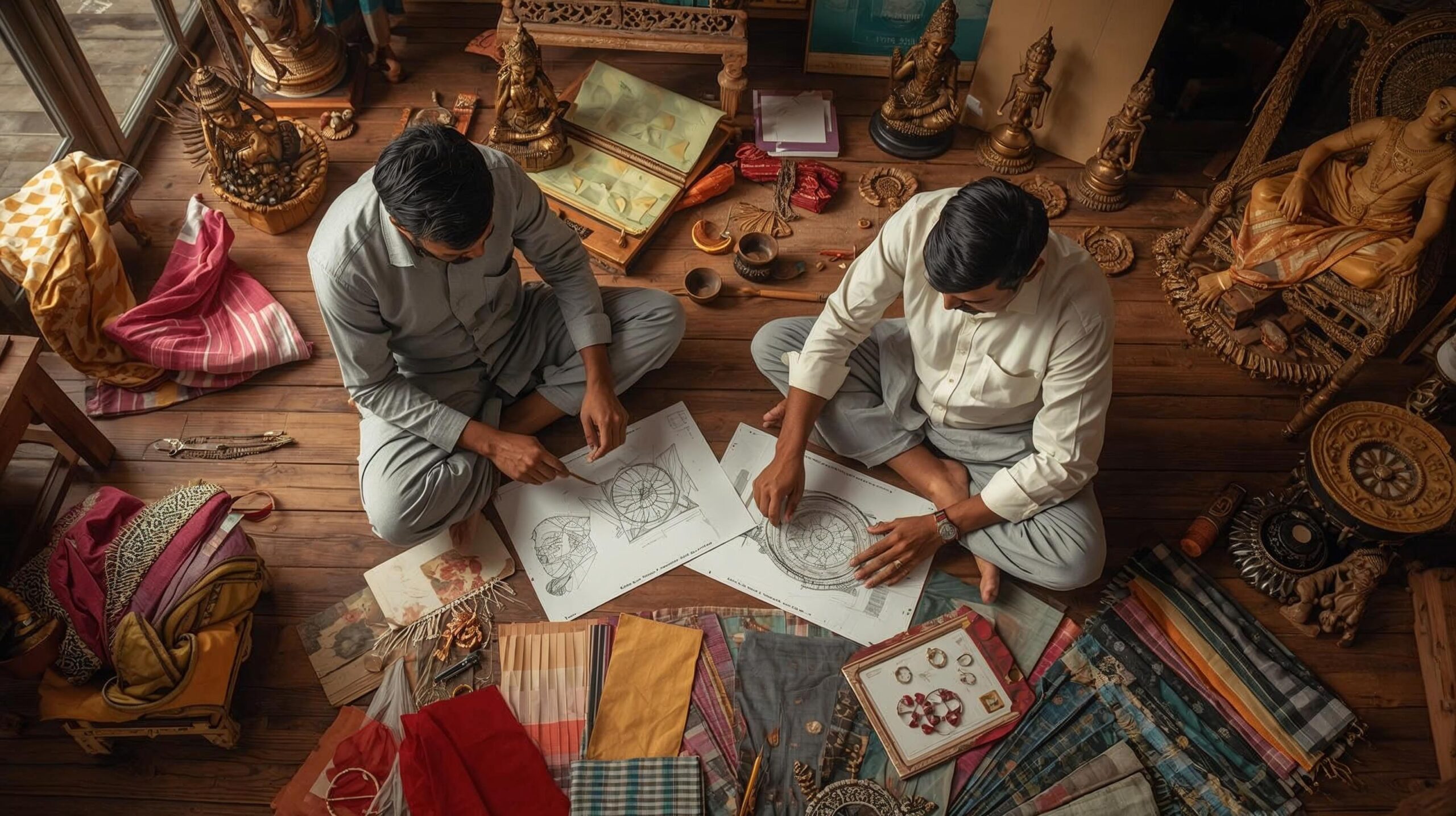 About Indian artisans creating handmade products with resin art textile samples and bronze idol sketches scaled