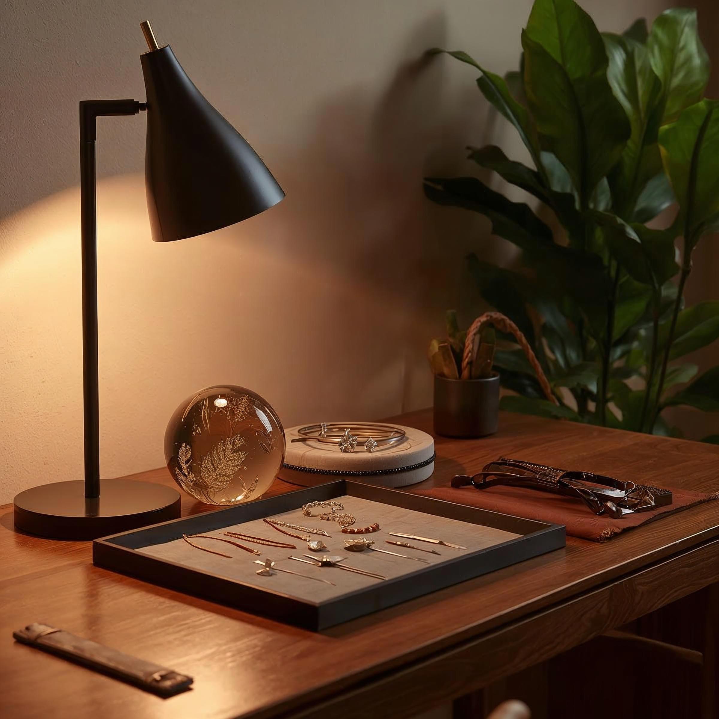 About Minimal luxury workspace with handcrafted wooden decor resin art accessory and oxidised jewellery