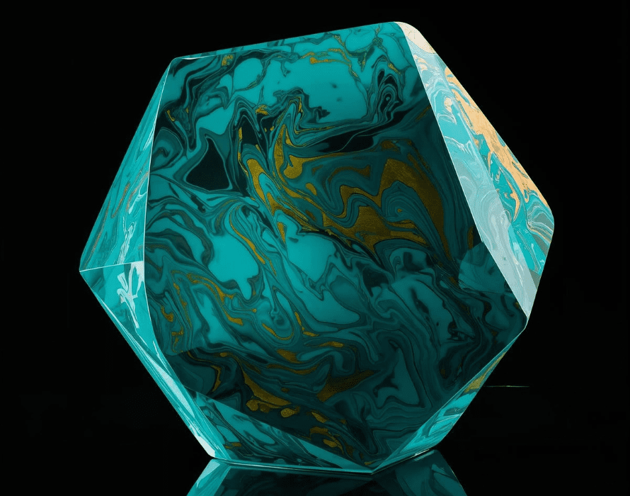Abstract handcrafted teal resin sculpture with gold accents on a dark background – ManiCrafted Resin Art.